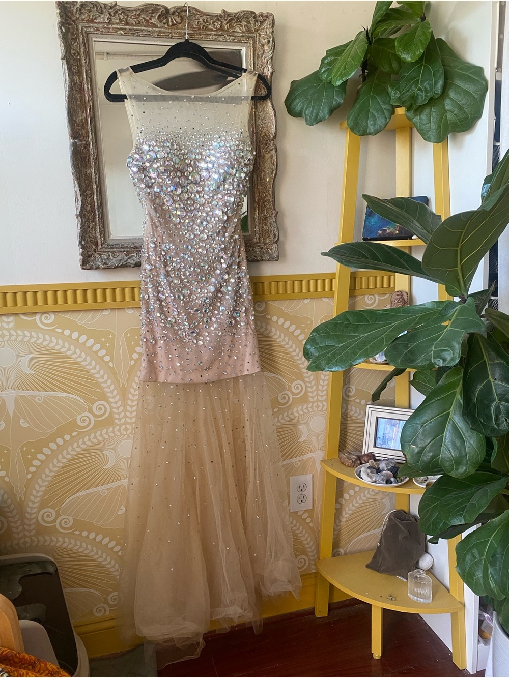 Beaded Illusion Neck Nude Tulle Mermaid Dress